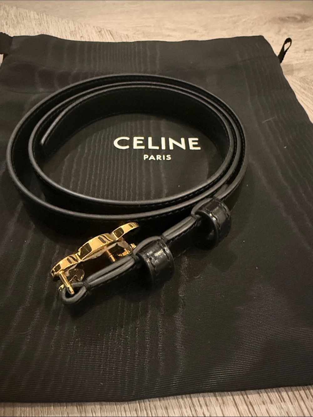 Celine Black Leather Belt with Gold Buckle